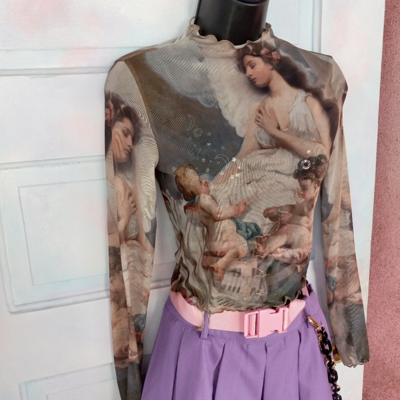 Sheer mesh Renaissance angel art lettuce edged mock-turtleneck crop top! Nwot! - Picture 4 of 10